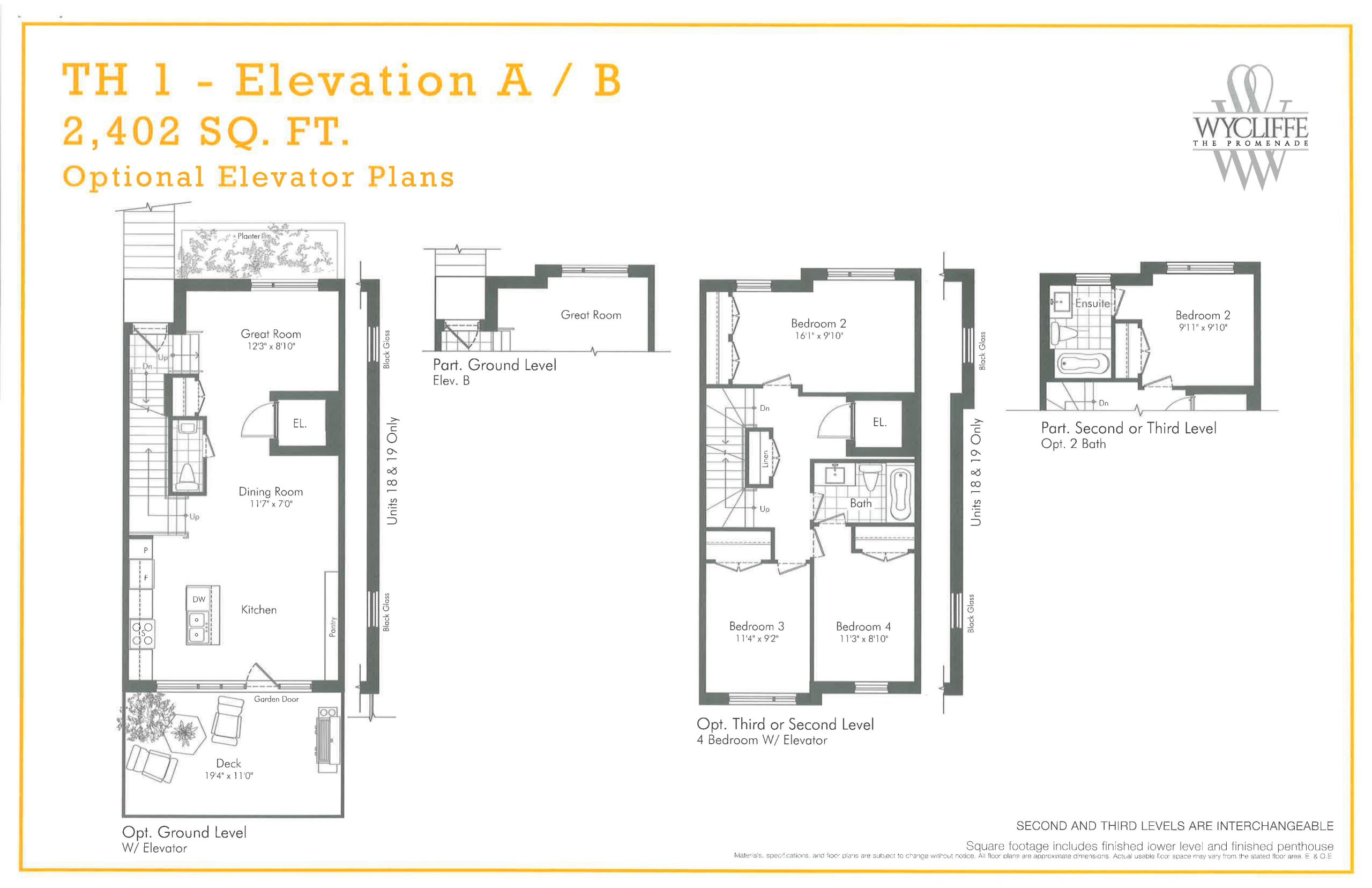 TH 1 - Elevation A/B Optional Elevator Plans floor plan