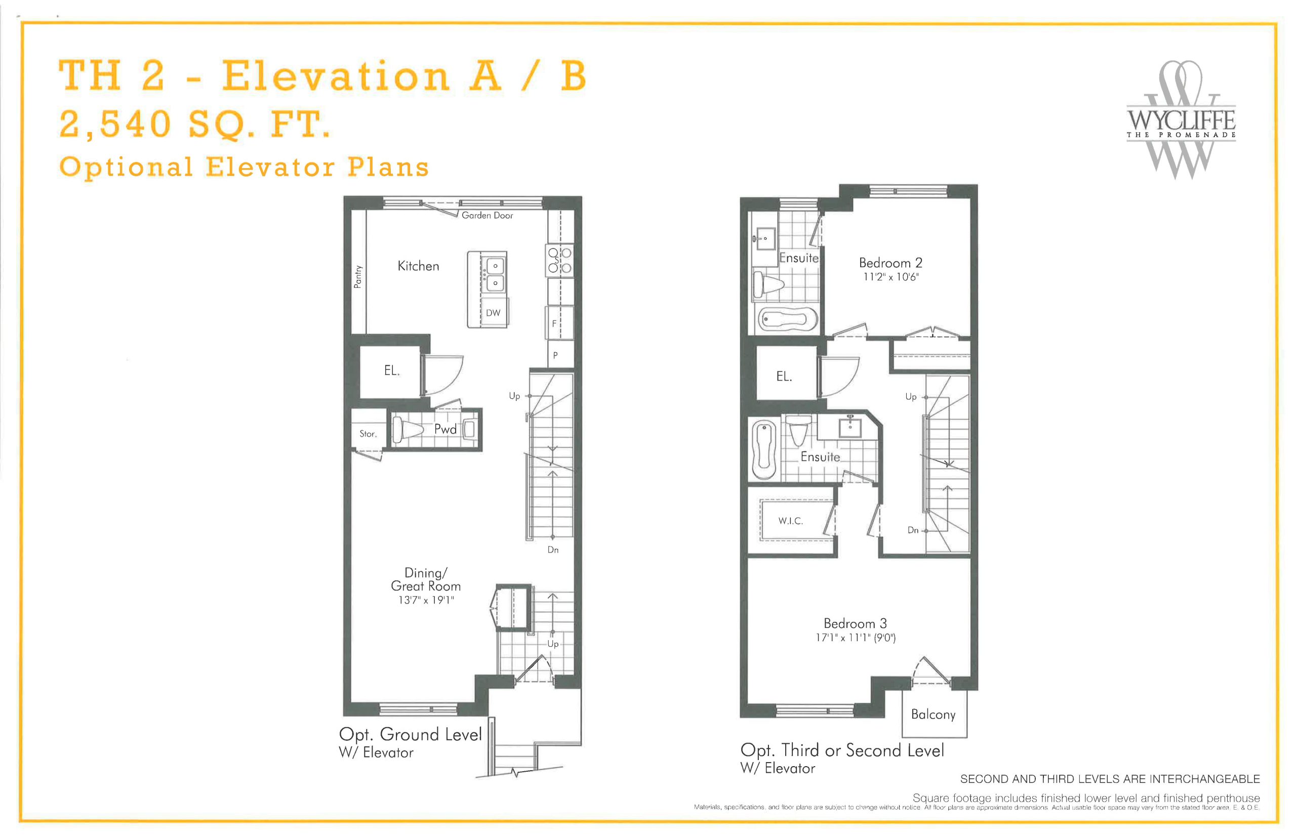 TH 2 - Elevation A/B Optional Elevator Plans floor plan