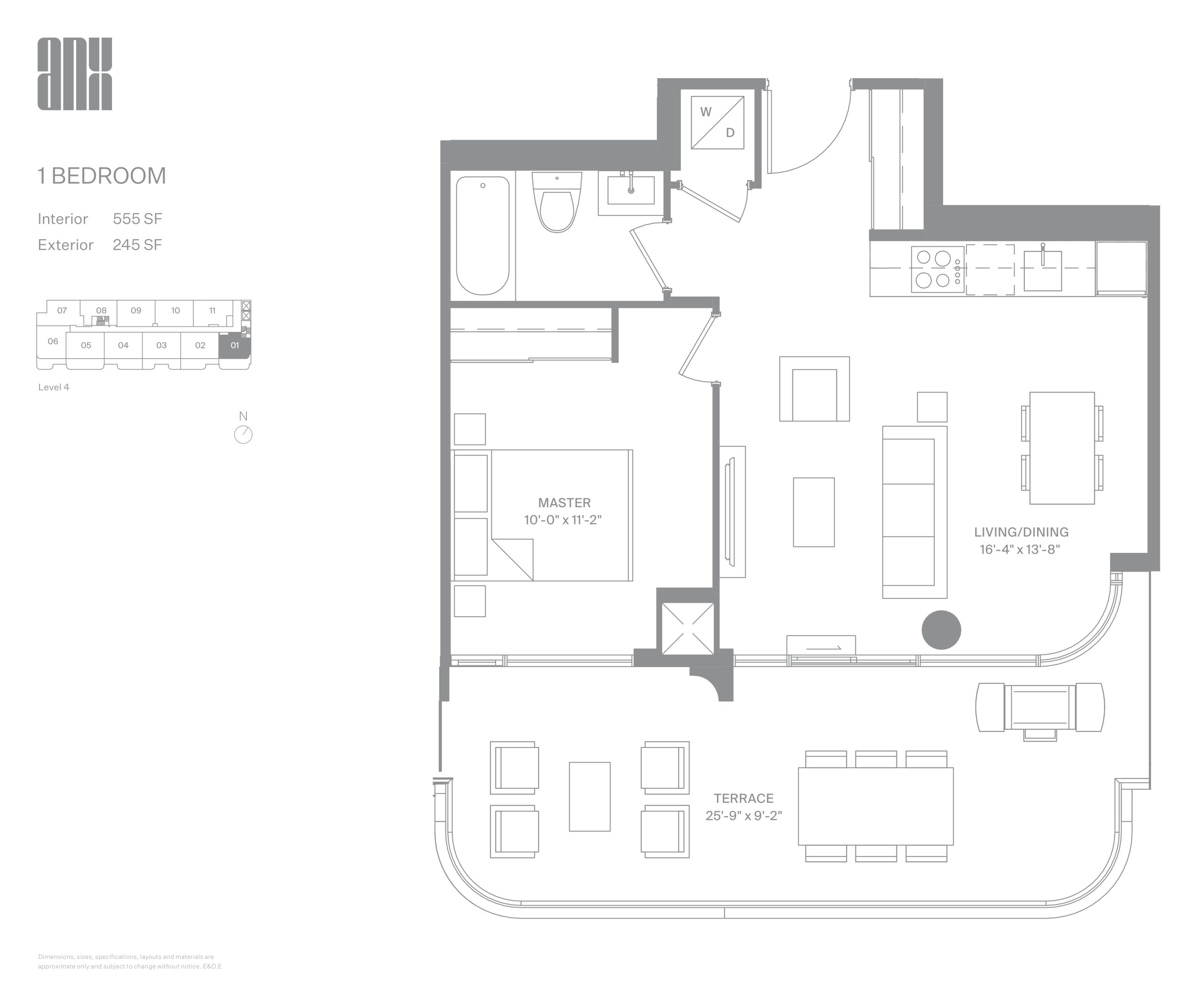 555 SF with Terrace floor plan