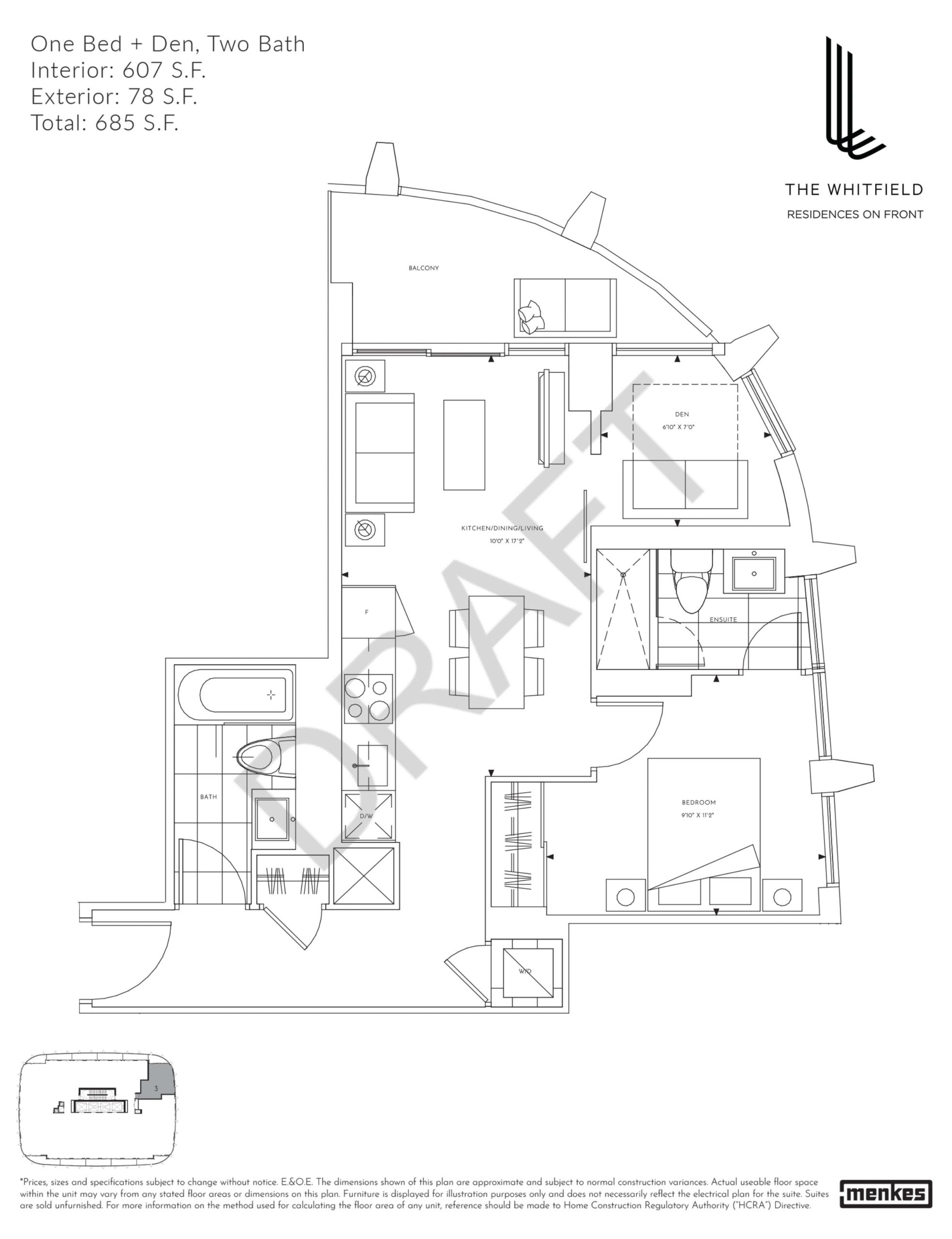 607 S.F. floor plan