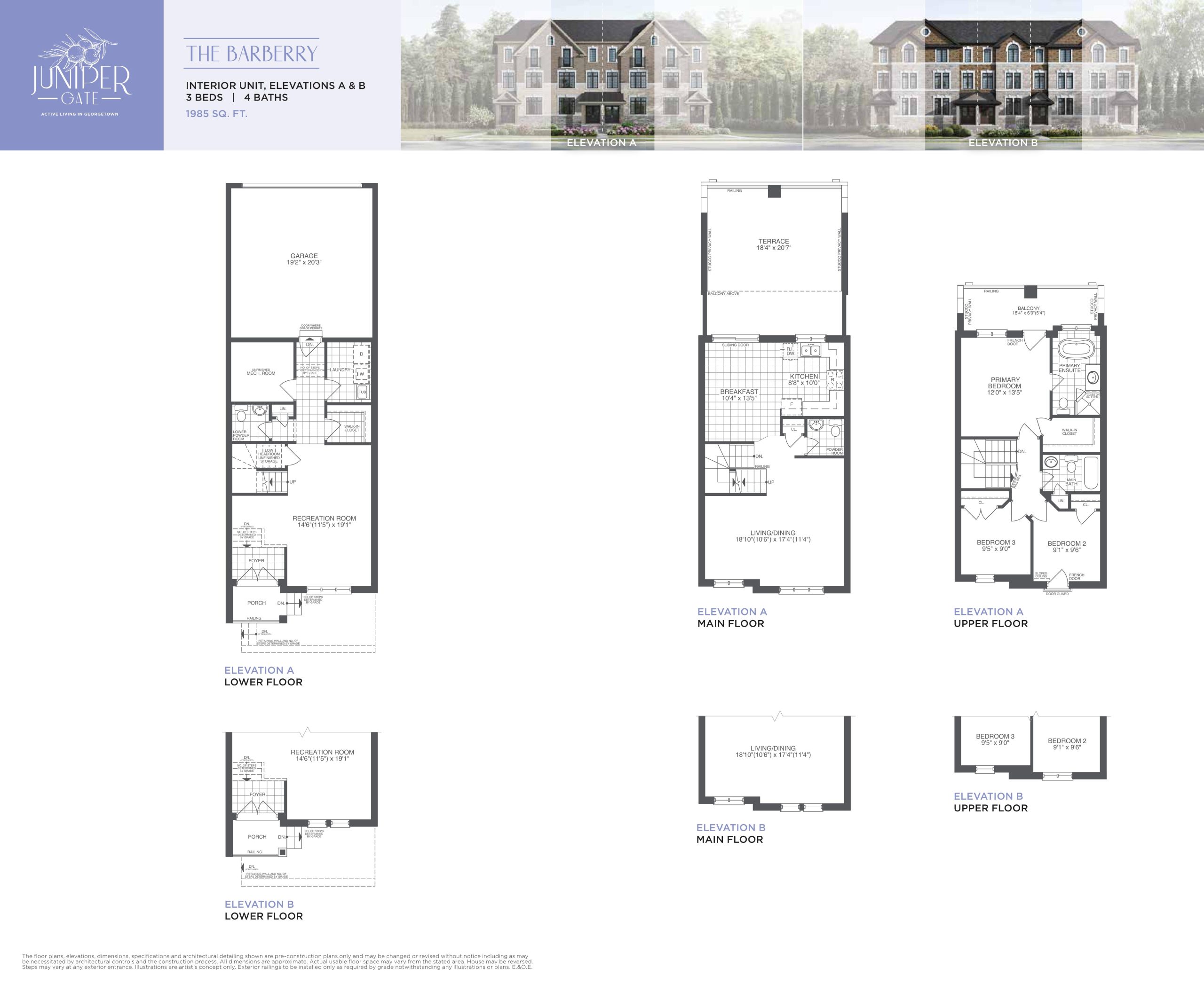 The Barberry Interior Unit Elevations A & B (Rear Lane Collection) floor plan