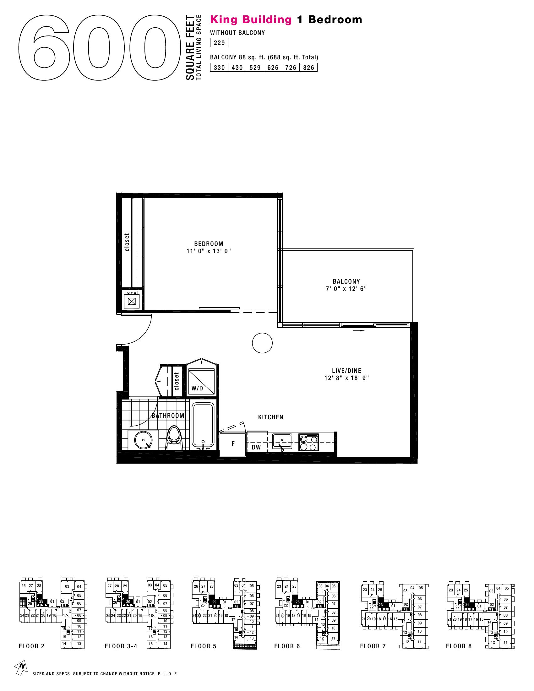 King - 1BR - 600 floor plan